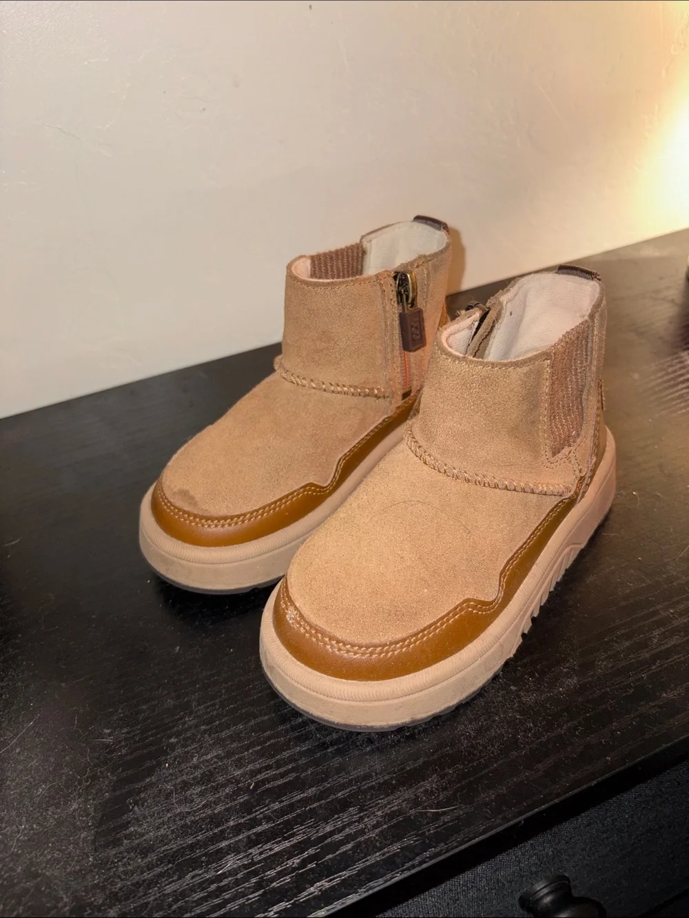 UGG Kids Suede Zip-Front Ankle Boots in Tan and Brown